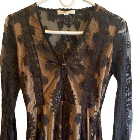 HONEY PUNCH WOMENS BLACK TAN LACE DRESS TOP BOTTOM WEDDING HOLIDAY DRESSY SIZE S - Picture 3 of 8